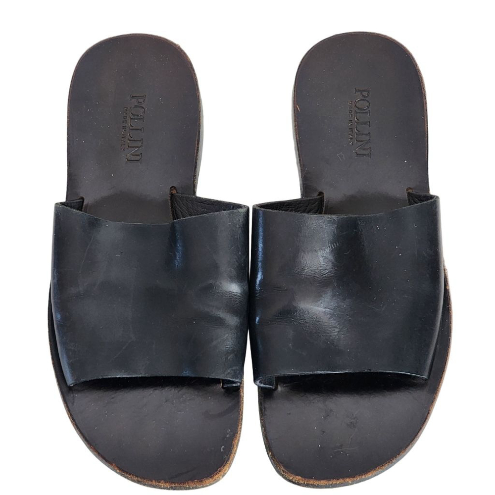 POLLINI Black‎ Leather Slide Sandals Size 41.5 10.5